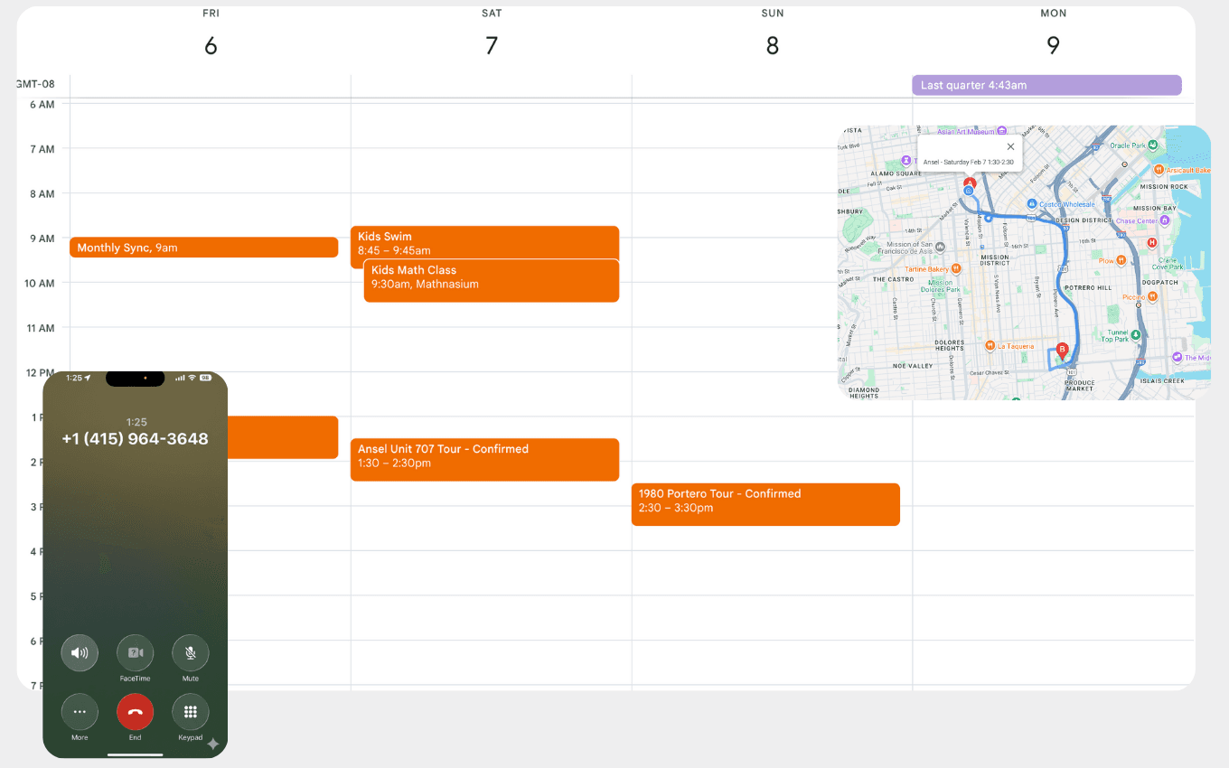 Calendar showing scheduled apartment tours with phone call
