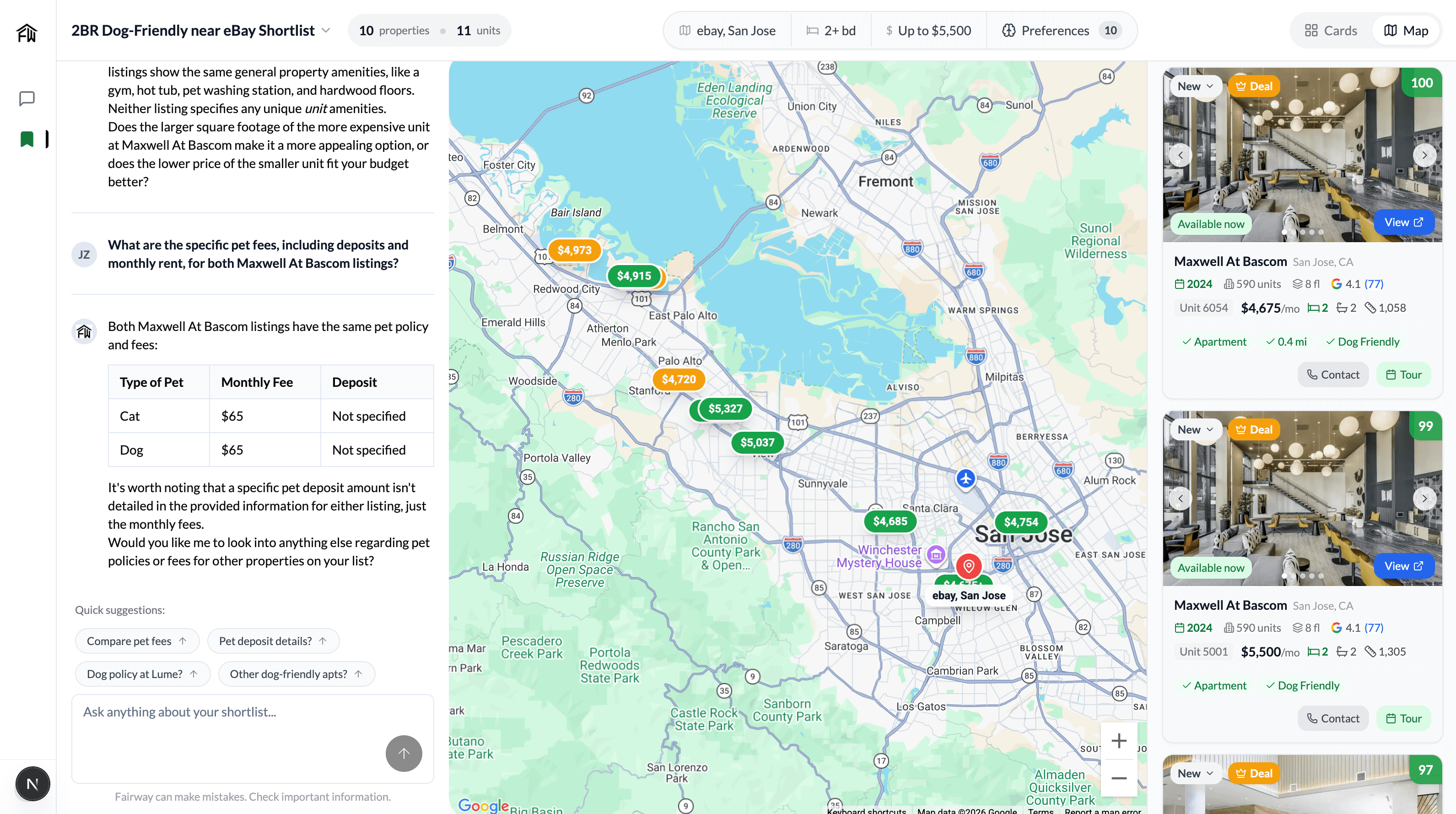 Fairway shortlist with AI chat comparing pet fees across properties